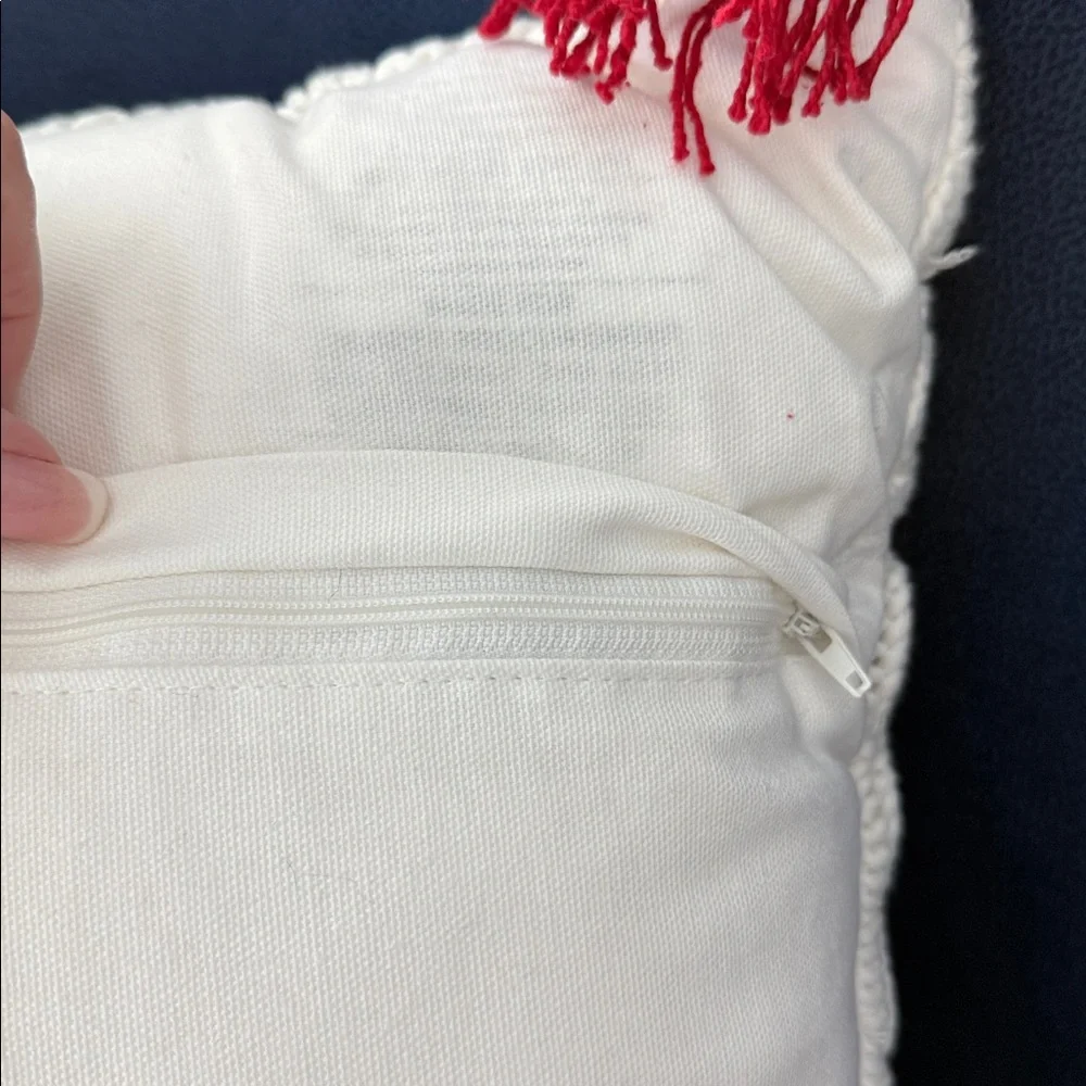 White Cable Knit Diamonds Holiday Throw Pillow with Red Tassels
